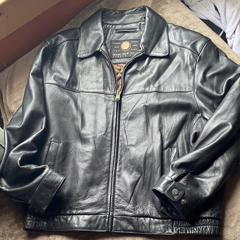 Marc New York Black Leather Bomber Jacket with Zip Front